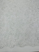 Metallic Thread Floral Design - White / Clear - Flower Lace Sequins Corded by the yard