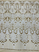 Damask Open Heart Design - White / Gold - Embroidered 4 Way Stretch Sequins Fabric By Yard
