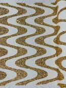 Wavy Line Design Velvet Sequins - White / Gold - Velvet Sequins Fabric 2 Way Stretch 58"- 60" By Yard