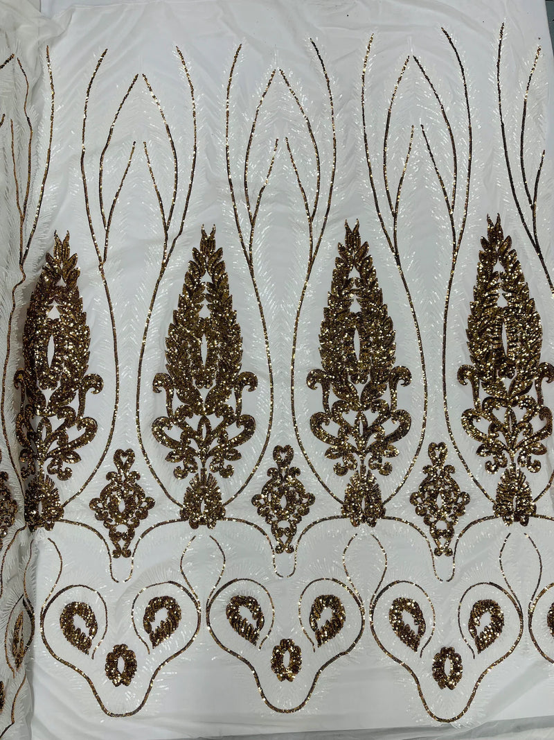 Palm Leaf Damask Sequins - White / Gold - 4 Way Stretch Sequins Leaf Design Fabric By Yard
