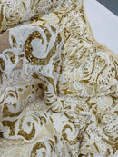 Damask Open Heart Design - White / Gold - Embroidered 4 Way Stretch Sequins Fabric By Yard