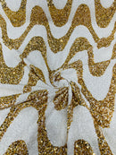 Wavy Line Design Velvet Sequins - White / Gold - Velvet Sequins Fabric 2 Way Stretch 58"- 60" By Yard