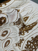 Palm Leaf Damask Sequins - White / Gold - 4 Way Stretch Sequins Leaf Design Fabric By Yard