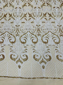 Damask Open Heart Design - White / Gold - Embroidered 4 Way Stretch Sequins Fabric By Yard