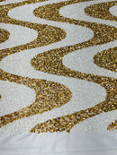 Wavy Line Design Velvet Sequins - White / Gold - Velvet Sequins Fabric 2 Way Stretch 58"- 60" By Yard