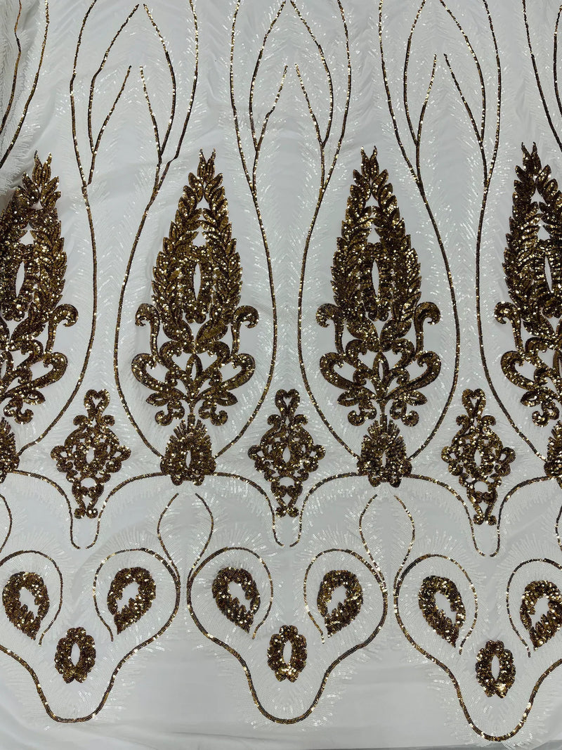 Palm Leaf Damask Sequins - White / Gold - 4 Way Stretch Sequins Leaf Design Fabric By Yard