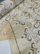 Damask Open Heart Design - White / Gold - Embroidered 4 Way Stretch Sequins Fabric By Yard