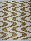 Wavy Line Design Velvet Sequins - White / Gold - Velvet Sequins Fabric 2 Way Stretch 58"- 60" By Yard