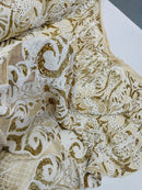 Damask Open Heart Design - White / Gold - Embroidered 4 Way Stretch Sequins Fabric By Yard
