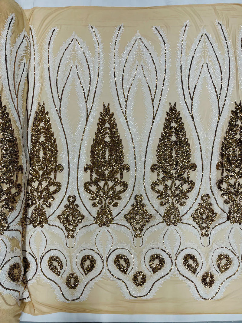 Palm Leaf Damask Sequins - White / Gold on Nude - 4 Way Stretch Sequins Leaf Design Fabric By Yard