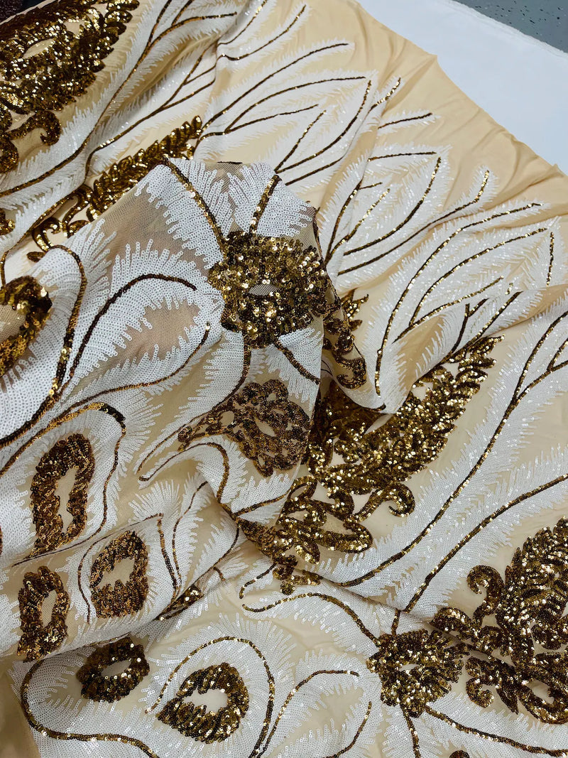 Palm Leaf Damask Sequins - White / Gold on Nude - 4 Way Stretch Sequins Leaf Design Fabric By Yard