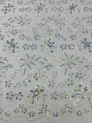 Metallic Floral Lace Fabric - White / Pink - Hologram Sequins Floral Metallic Thread Fabric by Yard