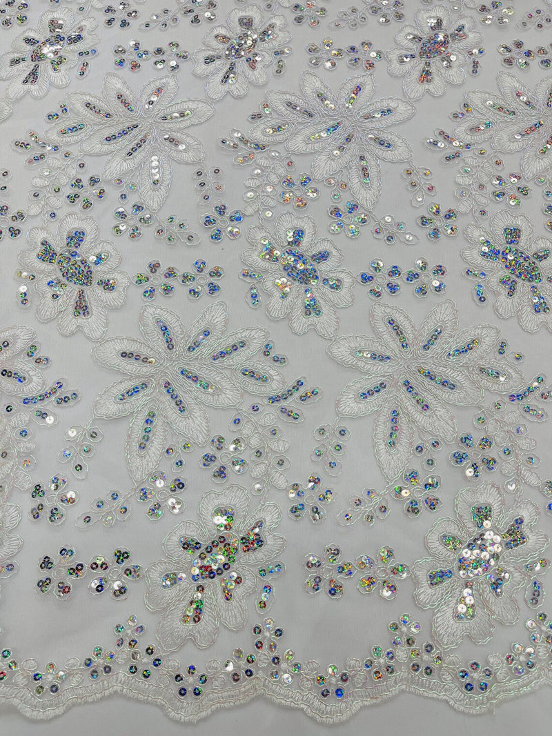 Metallic Floral Lace Fabric - White / Pink - Hologram Sequins Floral Metallic Thread Fabric by Yard