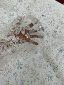 Metallic Floral Lace Fabric - White / Pink - Hologram Sequins Floral Metallic Thread Fabric by Yard