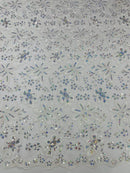 Metallic Floral Lace Fabric - White / Pink - Hologram Sequins Floral Metallic Thread Fabric by Yard