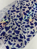 Spandex Cow Print Design - White / Purple Iridescent - Poly Spandex Fabric 4 Way Stretch - 60” By Yard