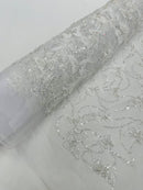 3D Butterfly Sequins Bead Fabric - White / Silver - Sequins Embroidered Beaded Fabric By Yard