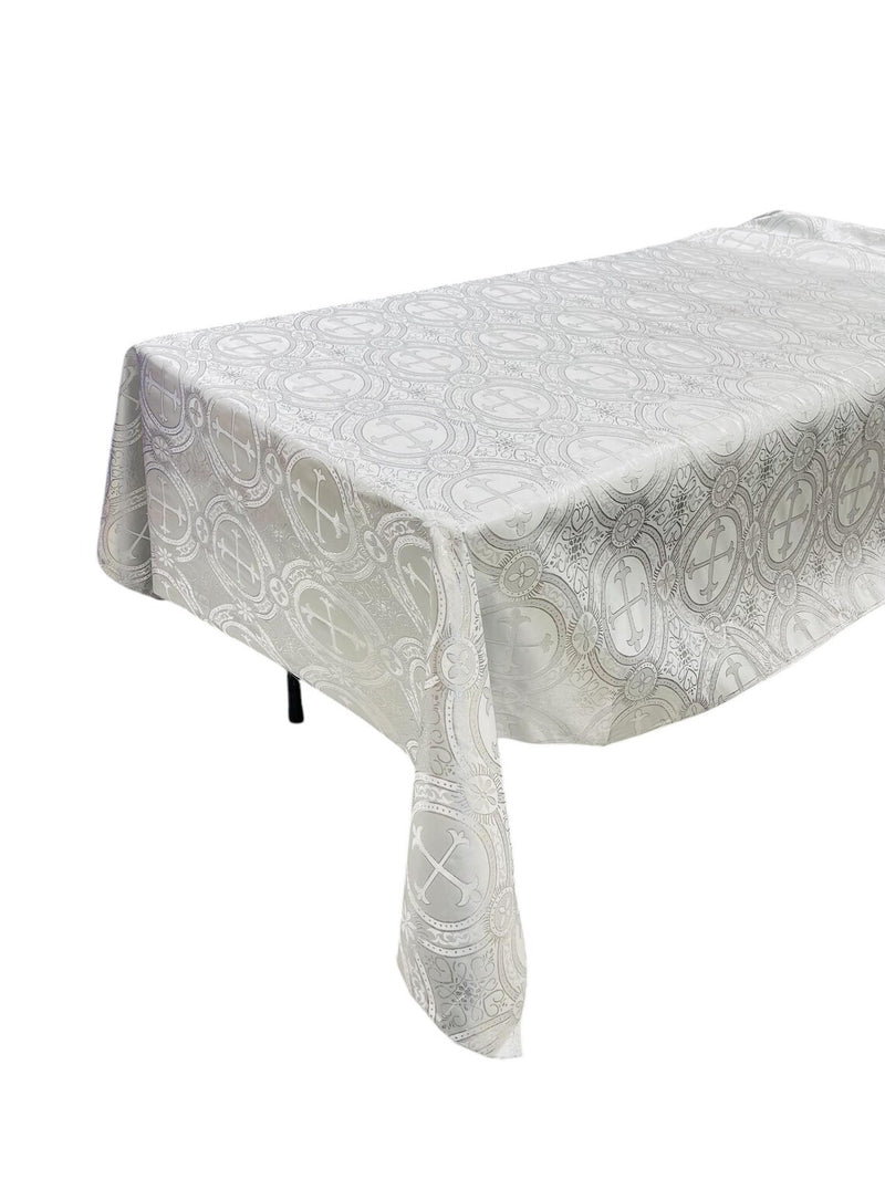 Cross Print Brocade Tablecloth - Jacquard Religious Print Church Fabric Table Covers