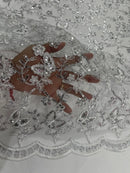 Metallic Floral Butterfly Fabric - White / Silver - Embroidered Floral Butterfly Design Mesh Fabric by Yard