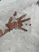 3D Butterfly Sequins Bead Fabric - White / Silver - Sequins Embroidered Beaded Fabric By Yard