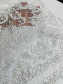 My Lady Beaded Fabric - White / Silver - Damask Beaded Sequins Embroidered Fabric By Yard
