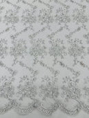 Jasmine Flower Fabric - White / Silver - Embroidered Floral Design Lace Mesh Bridal Fabric By Yard