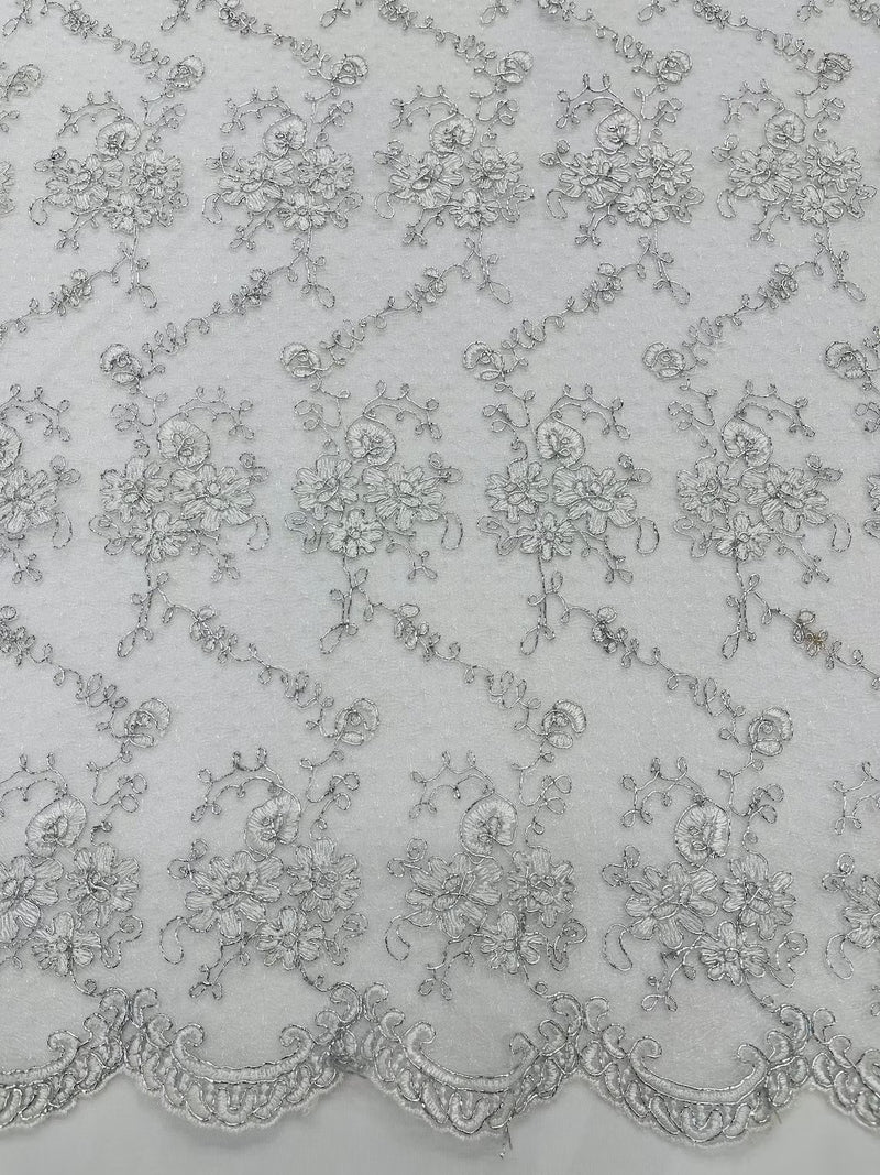 Jasmine Flower Fabric - White / Silver - Embroidered Floral Design Lace Mesh Bridal Fabric By Yard