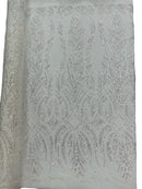 Beaded Line Fabric - White - Luxury Bridal Line Pattern Fabric With Beads, Sequins Sold By Yard
