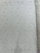 3D Butterfly Sequins Bead Fabric - White / Silver - Sequins Embroidered Beaded Fabric By Yard