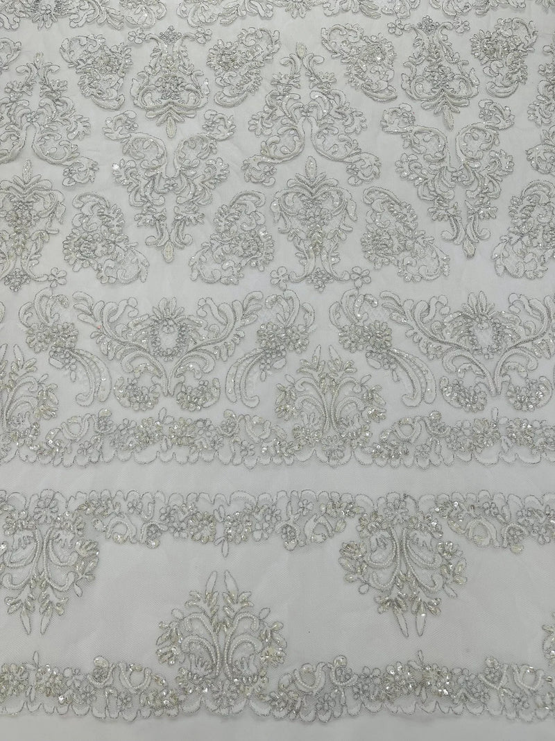 My Lady Beaded Fabric - White / Silver - Damask Beaded Sequins Embroidered Fabric By Yard