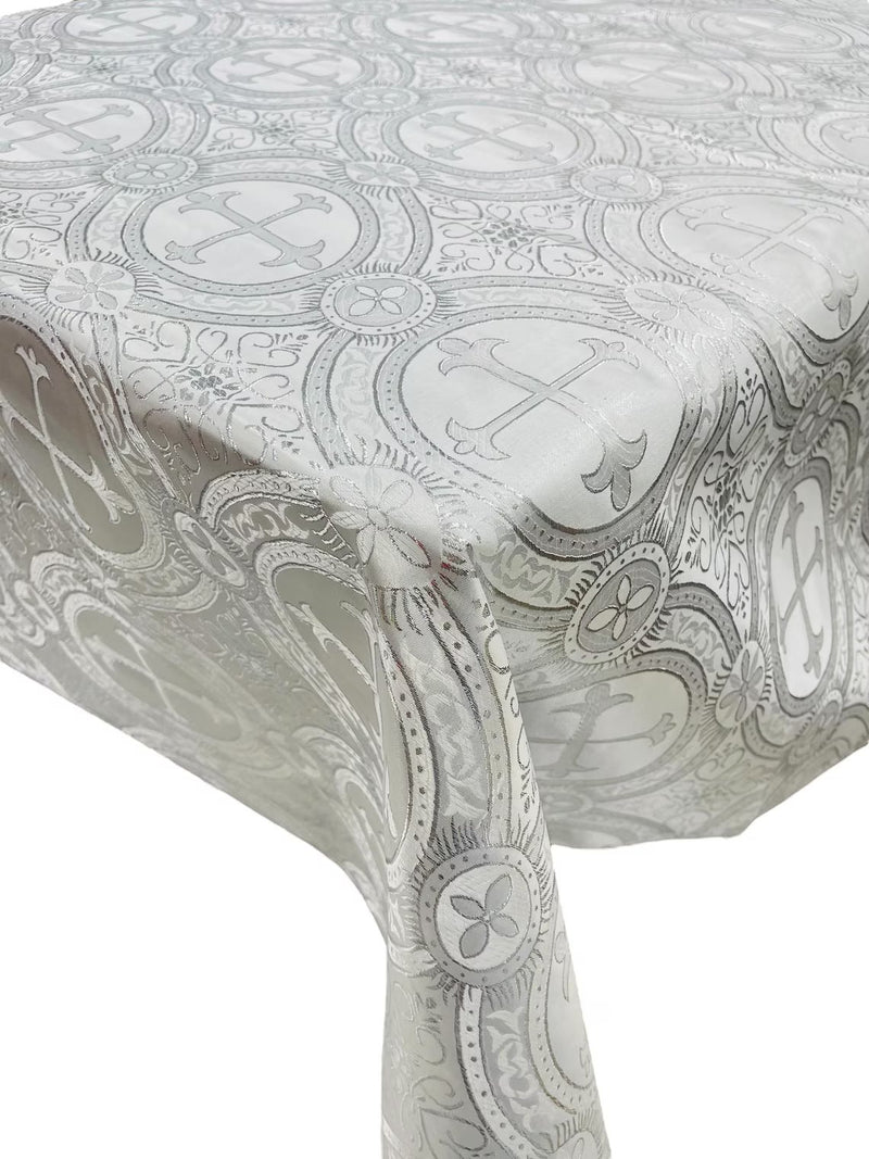 Cross Print Brocade Tablecloth - Jacquard Religious Print Church Fabric Table Covers