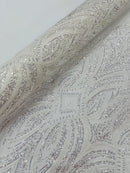 Beaded Line Fabric - White - Luxury Bridal Line Pattern Fabric With Beads, Sequins Sold By Yard