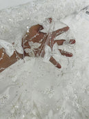 3D Butterfly Sequins Bead Fabric - White / Silver - Sequins Embroidered Beaded Fabric By Yard