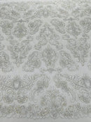 My Lady Beaded Fabric - White / Silver - Damask Beaded Sequins Embroidered Fabric By Yard