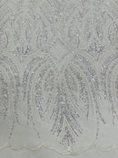 Beaded Line Fabric - White - Luxury Bridal Line Pattern Fabric With Beads, Sequins Sold By Yard