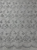 Metallic Floral Butterfly Fabric - White / Silver - Embroidered Floral Butterfly Design Mesh Fabric by Yard