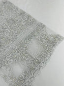 My Lady Beaded Fabric - White / Silver - Damask Beaded Sequins Embroidered Fabric By Yard