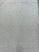 3D Butterfly Sequins Bead Fabric - White / Silver - Sequins Embroidered Beaded Fabric By Yard