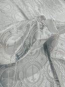 58/60" Cross Brocade Fabric - White / Silver - Religious Church Vestment Cross Jacquard Fabric By Yard