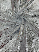 Cheetah Print Spandex Fabric - White / Silver -  4 Way Stretch Foil Spandex Fabric By Yard