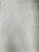3D Floral Leaf Line Panels - White - 3D Embroidered Flower Lines with Pearls on Lace By Yard
