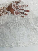 King Lace Design Fabric - White - King Design with Sequins Embroidered On Mesh By Yard