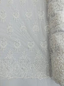 Embroidered Bead Fabric - White - Floral Damask Bead Bridal Lace Fabric by the yard
