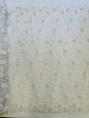 3D Floral Cluster with Border Lace - White - Flower with Leaves Design 3D Fabrics Sold By Yard