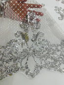 King Damask Lace Fabric - Corded Embroidery with Sequins on Mesh Lace Fabric By Yard