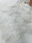 Damask Flower Lace Fabric - White - Damask Flowers Embroidered on Lace Fabric By Yard