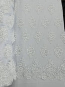Heavy Bridal Lace Fabric - White - Floral Beaded Heavy Lace Fabric Sold by Yard
