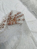 Embroidery Beaded Fabric - White - Beaded Floral Bridal Embroidery Fabric Sold by the yard