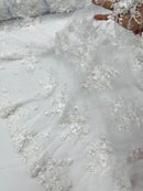 3D Flower Pearl Design - White - Embroidered Sequins Floral Clusters Lace Fabric By Yard