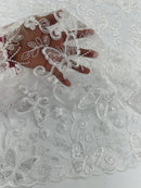 Butterflies Swirl Design - White - Metallic Sequins Butterflies on Lace Fabric By Yard